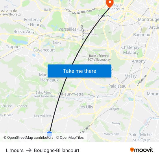 Limours to Boulogne-Billancourt map