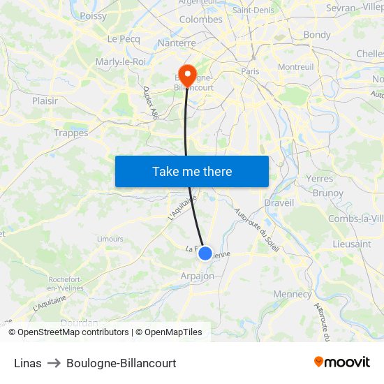 Linas to Boulogne-Billancourt map
