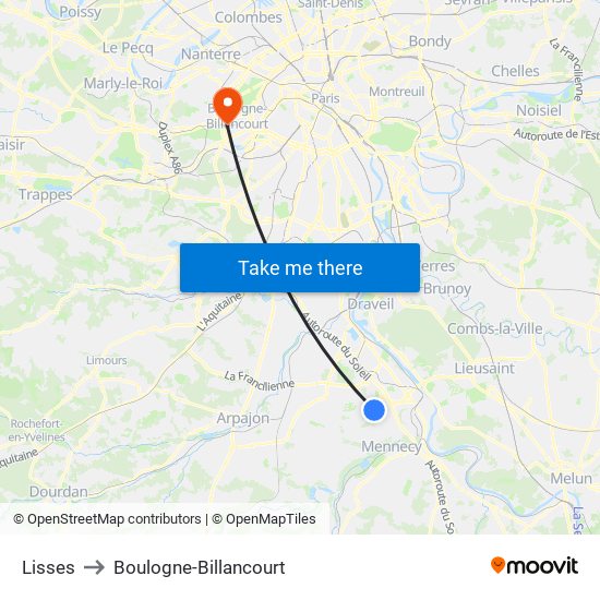 Lisses to Boulogne-Billancourt map