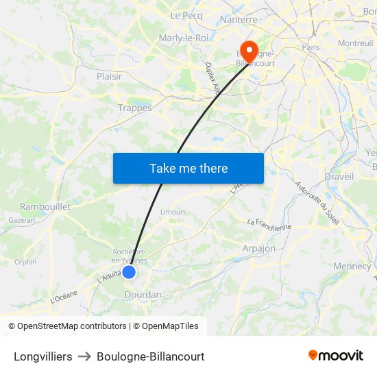 Longvilliers to Boulogne-Billancourt map