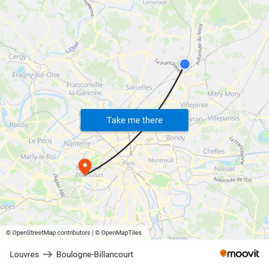 Louvres to Boulogne-Billancourt map