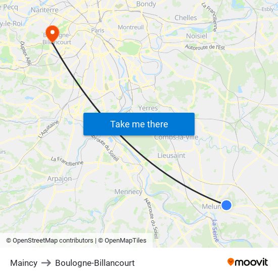 Maincy to Boulogne-Billancourt map