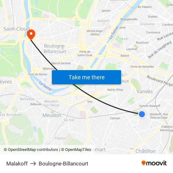 Malakoff to Boulogne-Billancourt map
