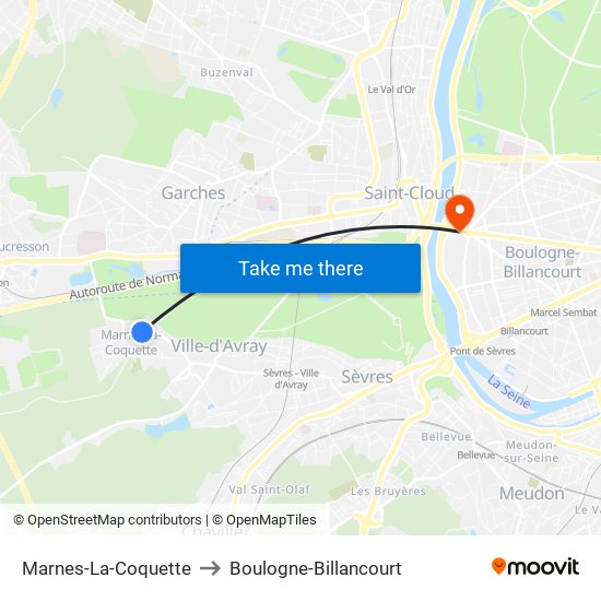 Marnes-La-Coquette to Boulogne-Billancourt map