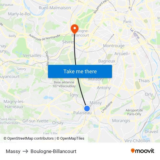 Massy to Boulogne-Billancourt map