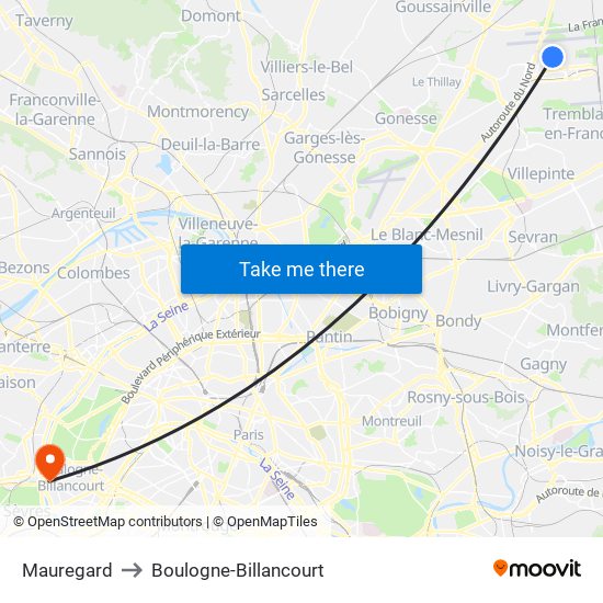 Mauregard to Boulogne-Billancourt map