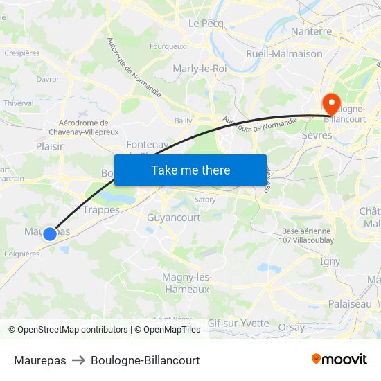 Maurepas to Boulogne-Billancourt map