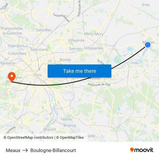 Meaux to Boulogne-Billancourt map