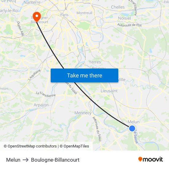 Melun to Boulogne-Billancourt map