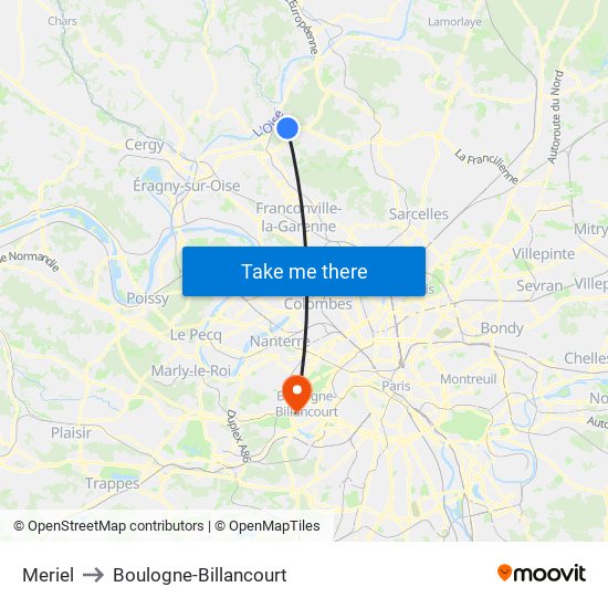 Meriel to Boulogne-Billancourt map