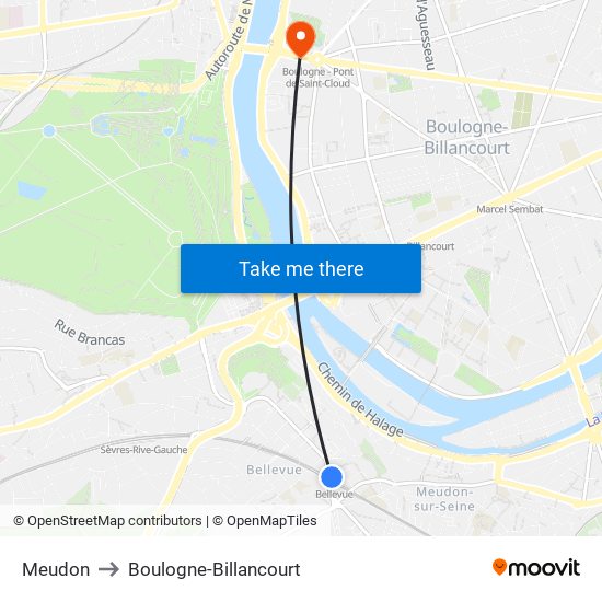 Meudon to Boulogne-Billancourt map