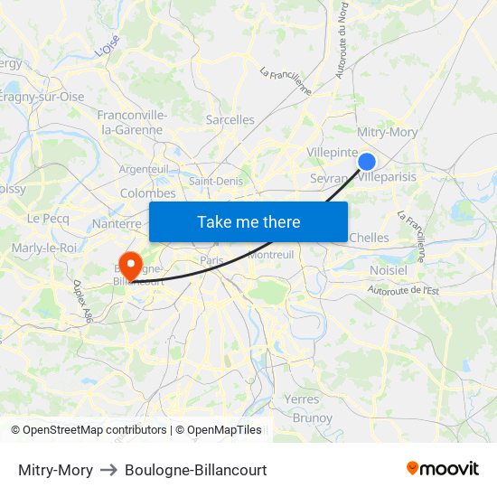 Mitry-Mory to Boulogne-Billancourt map