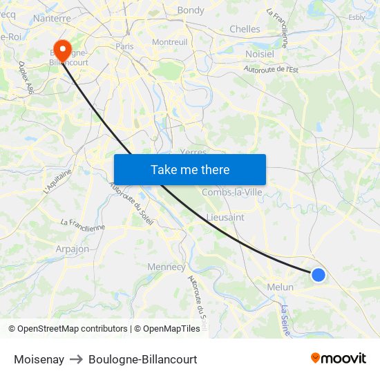 Moisenay to Boulogne-Billancourt map