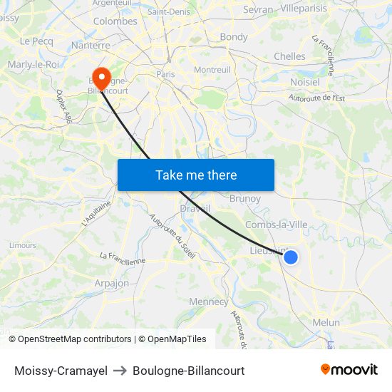 Moissy-Cramayel to Boulogne-Billancourt map