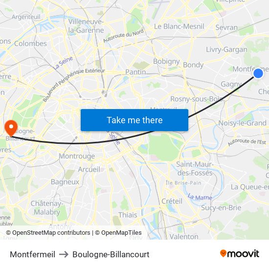 Montfermeil to Boulogne-Billancourt map