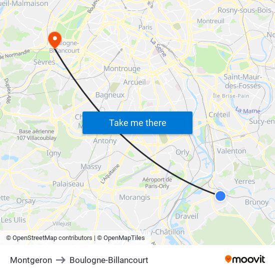 Montgeron to Boulogne-Billancourt map