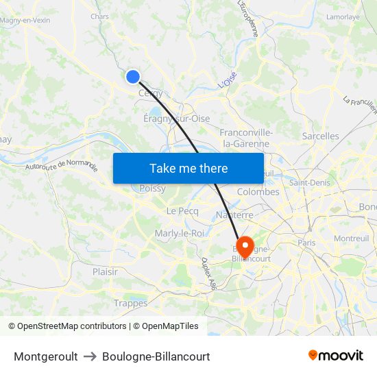 Montgeroult to Boulogne-Billancourt map