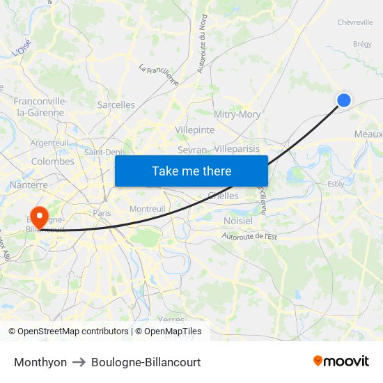 Monthyon to Boulogne-Billancourt map