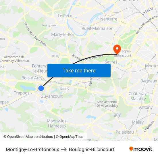 Montigny-Le-Bretonneux to Boulogne-Billancourt map