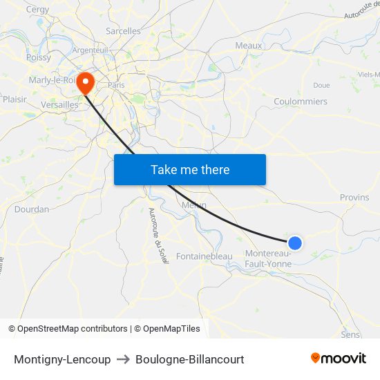 Montigny-Lencoup to Boulogne-Billancourt map