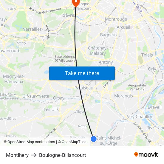 Montlhery to Boulogne-Billancourt map