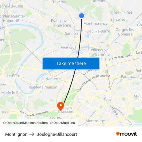 Montlignon to Boulogne-Billancourt map