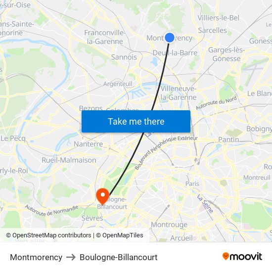 Montmorency to Boulogne-Billancourt map