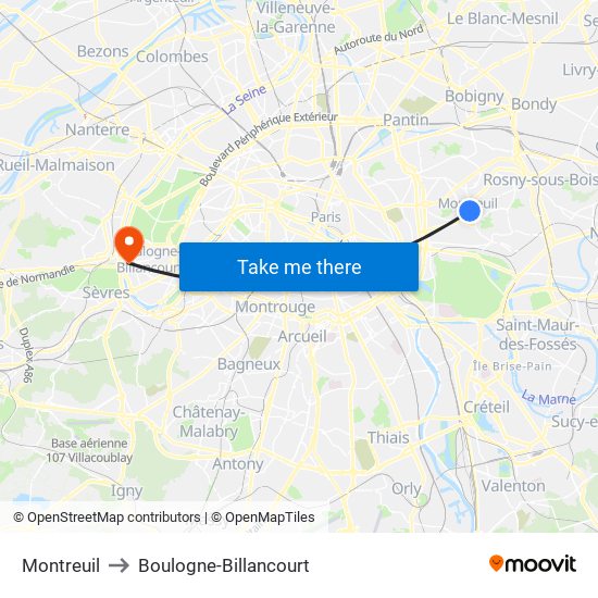 Montreuil to Boulogne-Billancourt map