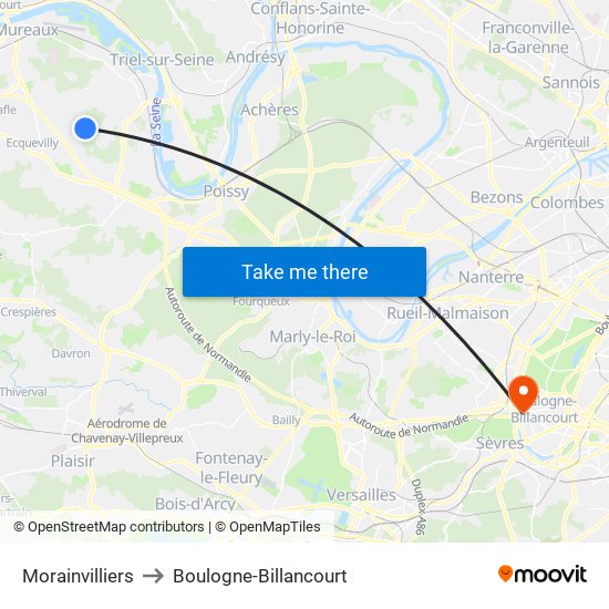 Morainvilliers to Boulogne-Billancourt map
