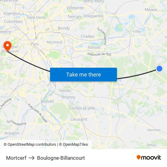 Mortcerf to Boulogne-Billancourt map