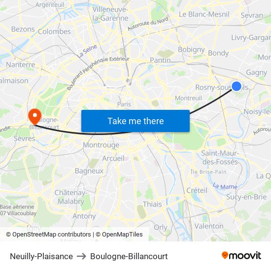 Neuilly-Plaisance to Boulogne-Billancourt map