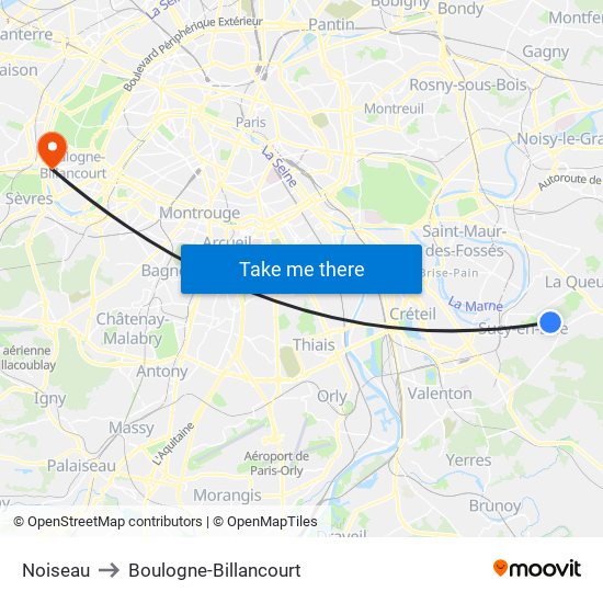Noiseau to Boulogne-Billancourt map