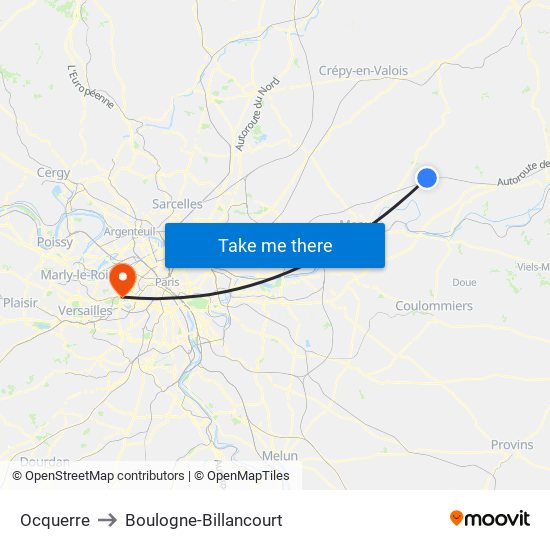Ocquerre to Boulogne-Billancourt map
