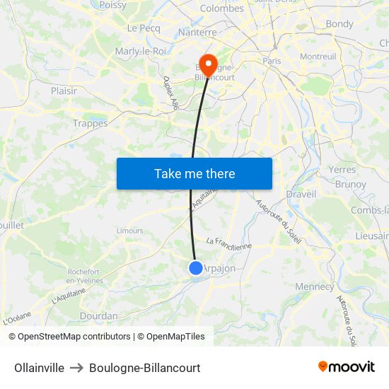 Ollainville to Boulogne-Billancourt map