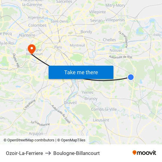 Ozoir-La-Ferriere to Boulogne-Billancourt map