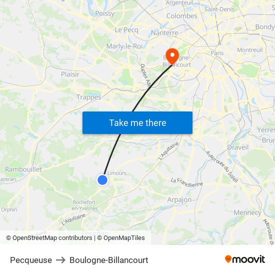 Pecqueuse to Boulogne-Billancourt map