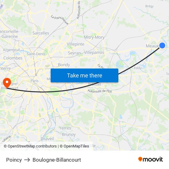 Poincy to Boulogne-Billancourt map