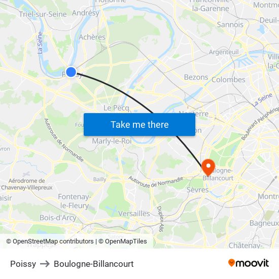 Poissy to Boulogne-Billancourt map