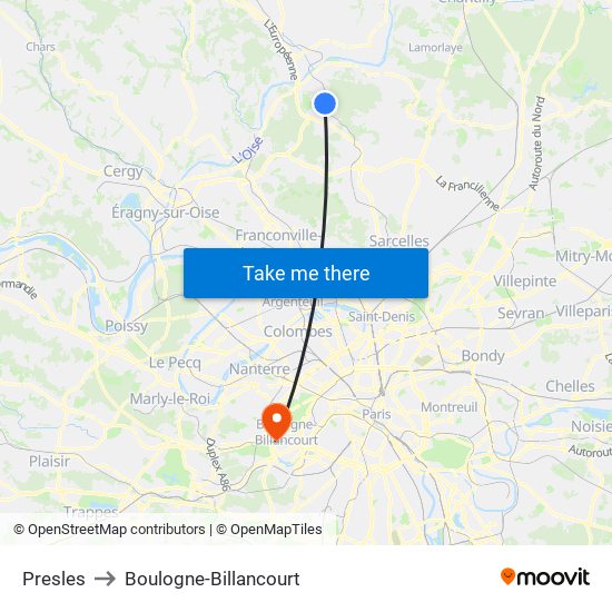 Presles to Boulogne-Billancourt map