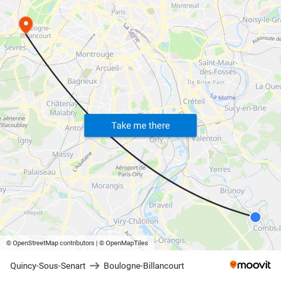 Quincy-Sous-Senart to Boulogne-Billancourt map