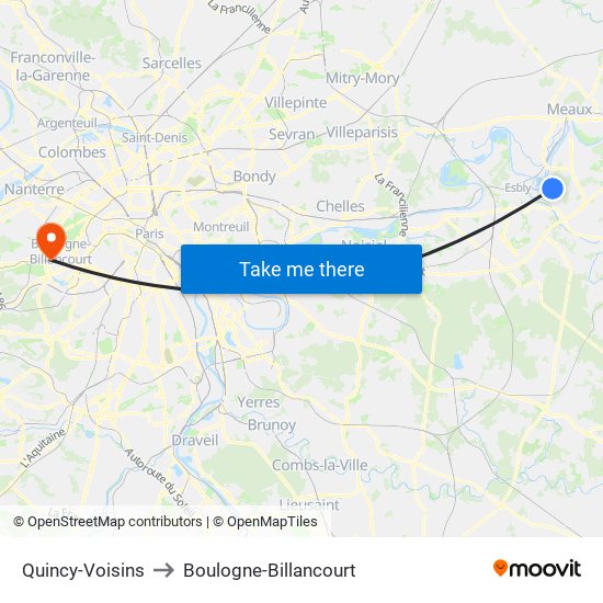 Quincy-Voisins to Boulogne-Billancourt map