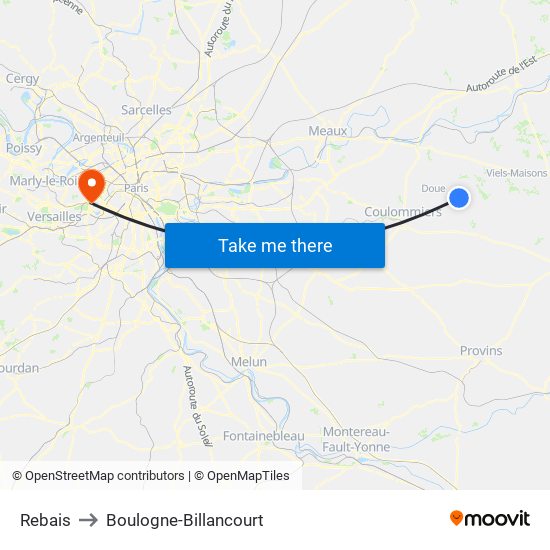 Rebais to Boulogne-Billancourt map