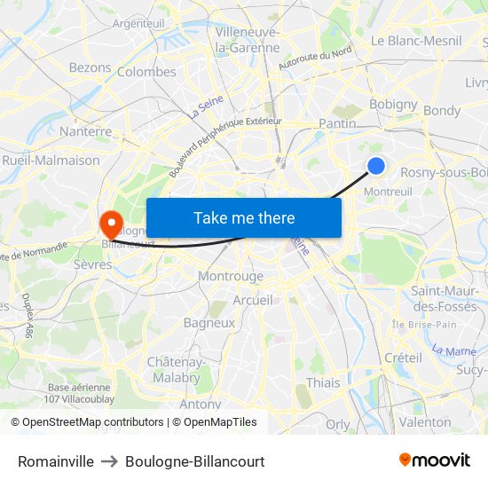 Romainville to Boulogne-Billancourt map