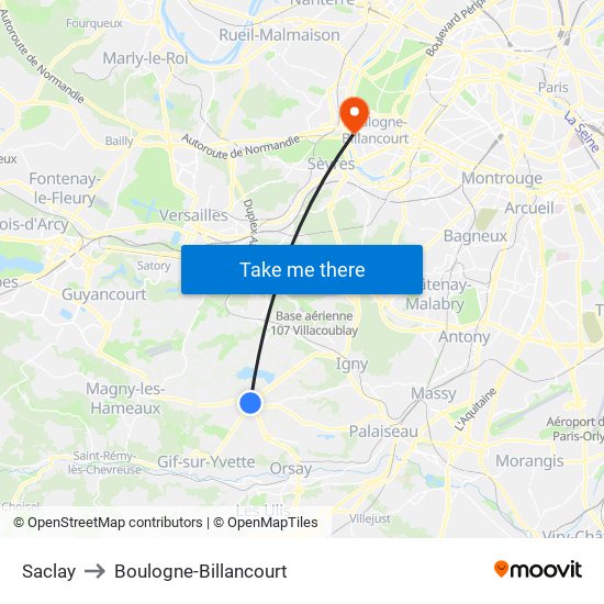 Saclay to Boulogne-Billancourt map