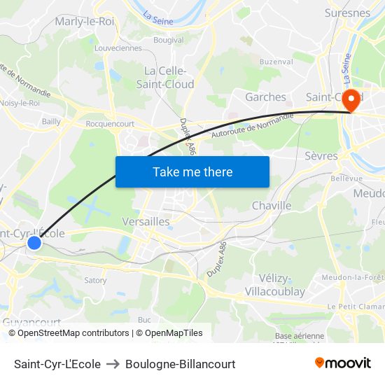 Saint-Cyr-L'Ecole to Boulogne-Billancourt map