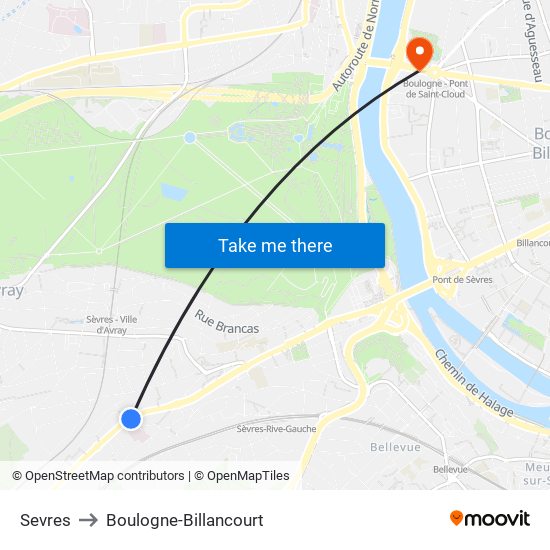 Sevres to Boulogne-Billancourt map