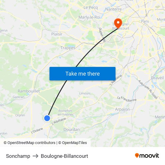 Sonchamp to Boulogne-Billancourt map
