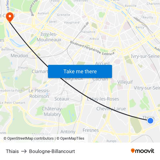 Thiais to Boulogne-Billancourt map