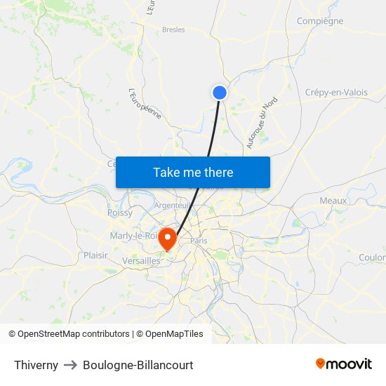 Thiverny to Boulogne-Billancourt map