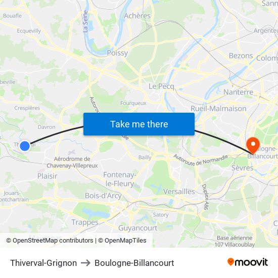 Thiverval-Grignon to Boulogne-Billancourt map